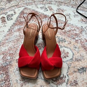 Red and Tan Heeled Sandals